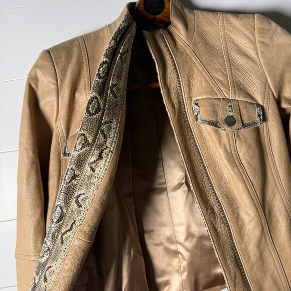 ETCETERA Leather Jacket- Sz 2 Tan with Snakeskin Look Trim, Deco Stitching,... - Picture 5 of 12